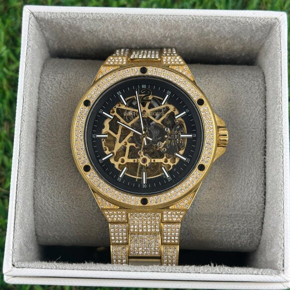 Pre-owned Lennox Pave Gold Black Automatic Skeleton Mens Watch Mk9151 - Picture 2 of 5